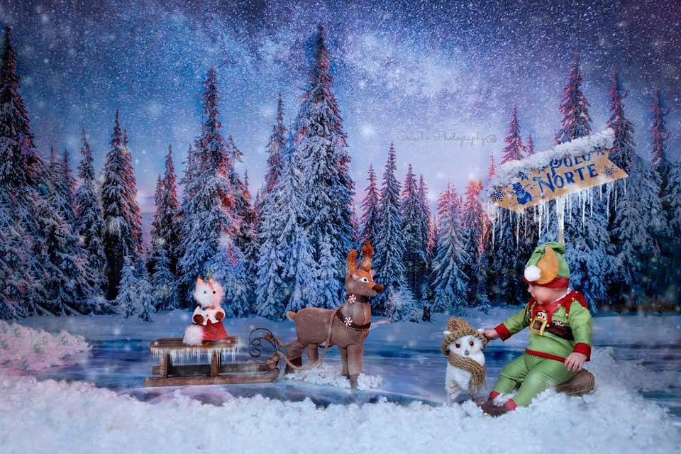 Boy making a snowman sitting in front of the snowy forest