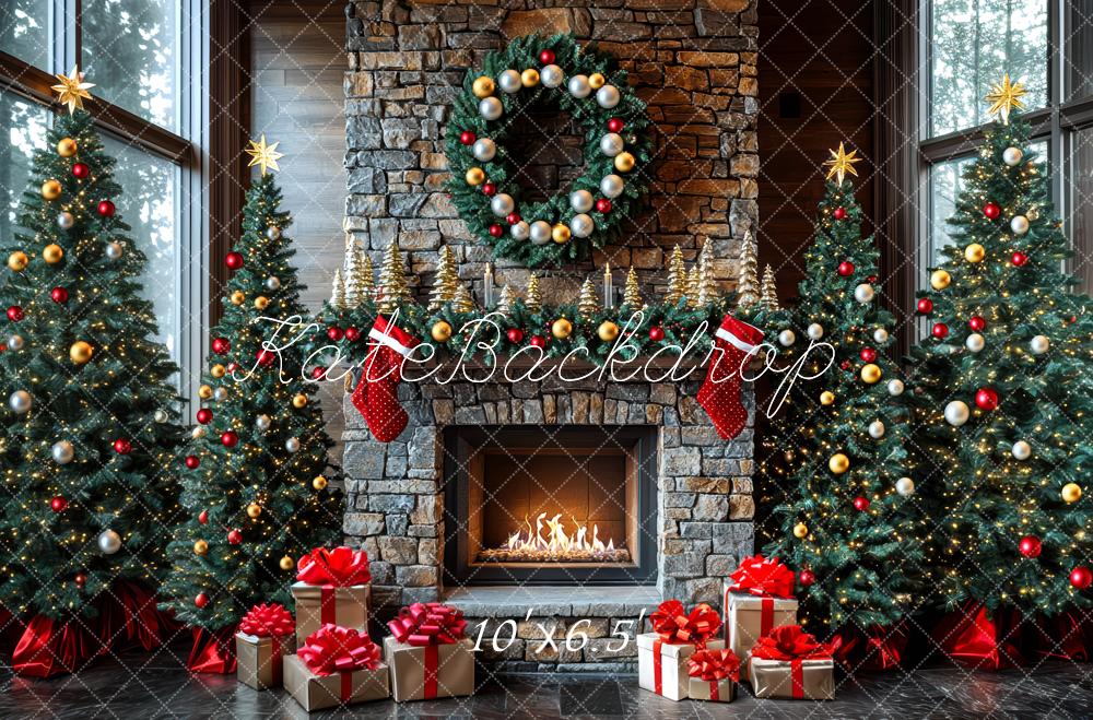 Kate Fireplace Christmas Trees Presents Backdrop Designed by Mini MakeBelieve - Kate Backdrop AU