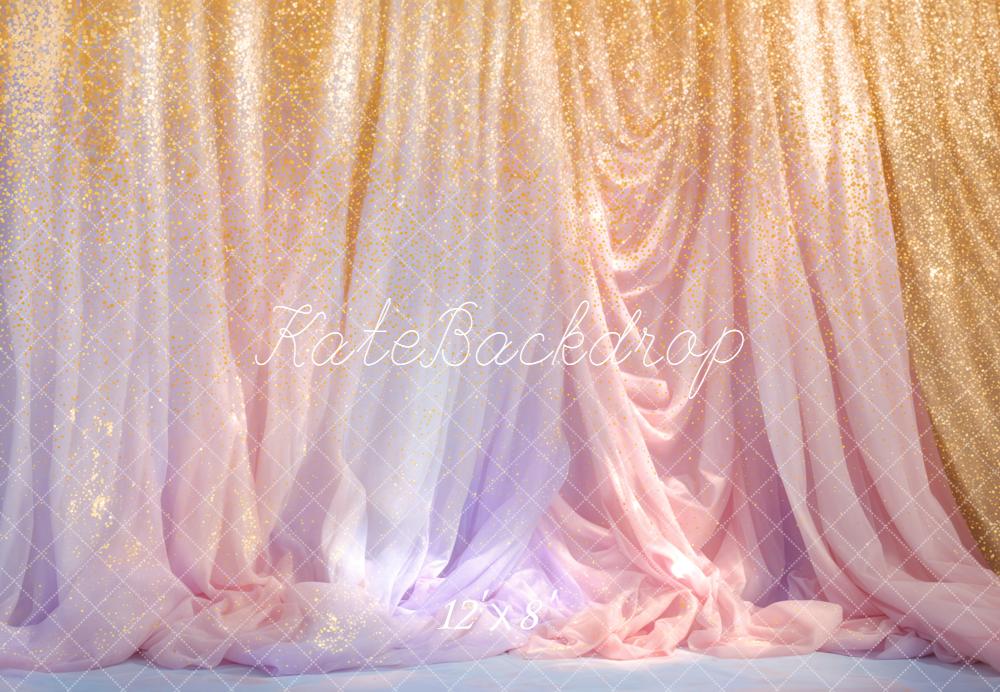 Kate Gold Pink Draped Glitter Curtains Fleece Backdrop Designed by Emetselch