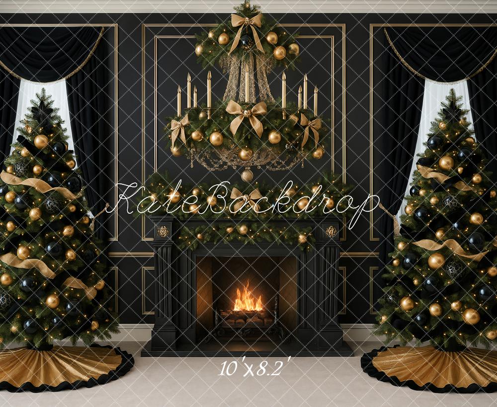 Kate Christmas Black Gold Trees Fireplace Backdrop Designed by Ashley Paul