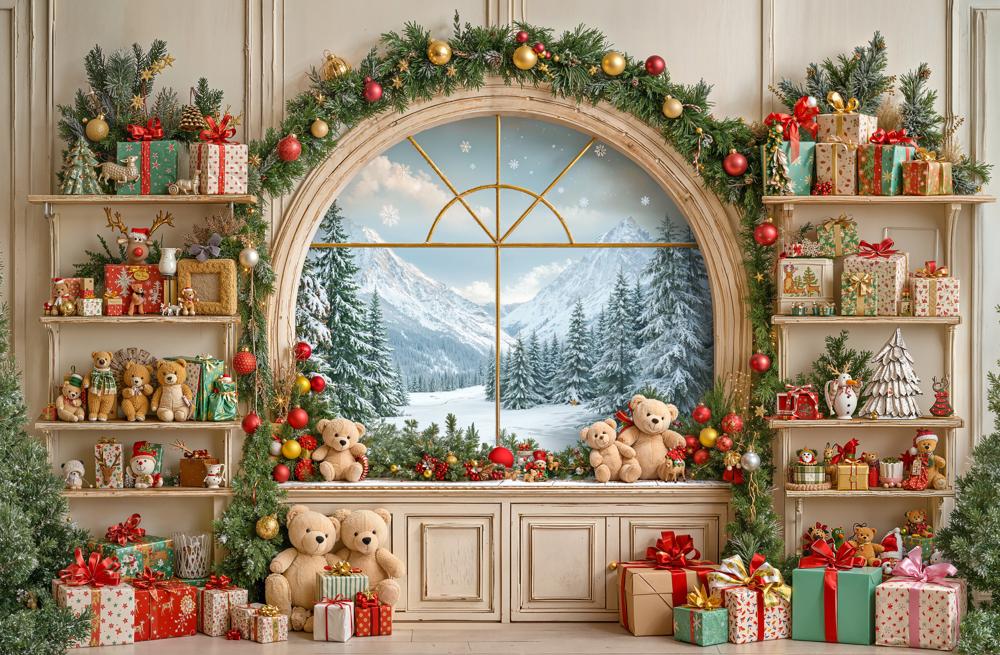 Kate Christmas Window Teddy Bears Gifts Backdrop Designed by GQ - Kate Backdrop AU