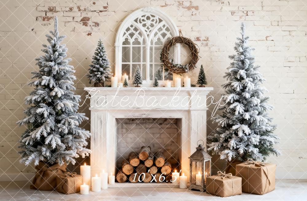 Kate Christmas Fireplace Frosted Trees Candles Backdrop Designed by Emetselch