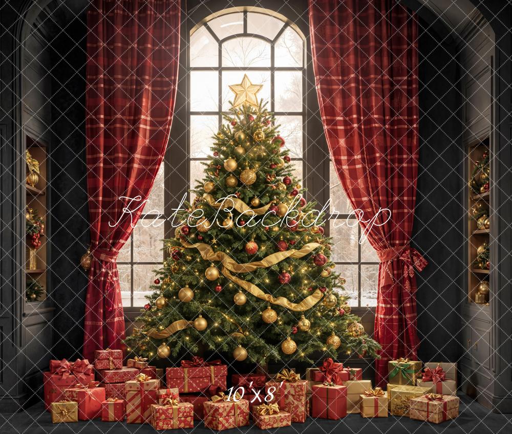 Kate Christmas Tree Presents Window Fleece Backdrop Designed by Emetselch - Kate Backdrop AU