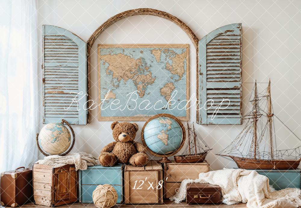 Kate Vintage Travel Maps Globes Ships Fleece Backdrop Designed by Emetselch - Kate Backdrop AU
