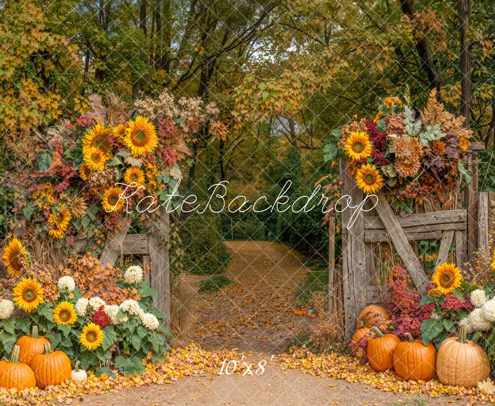 Kate Autumn Sunflowers Pumpkins Rustic Fence Backdrop Designed by Emetselch