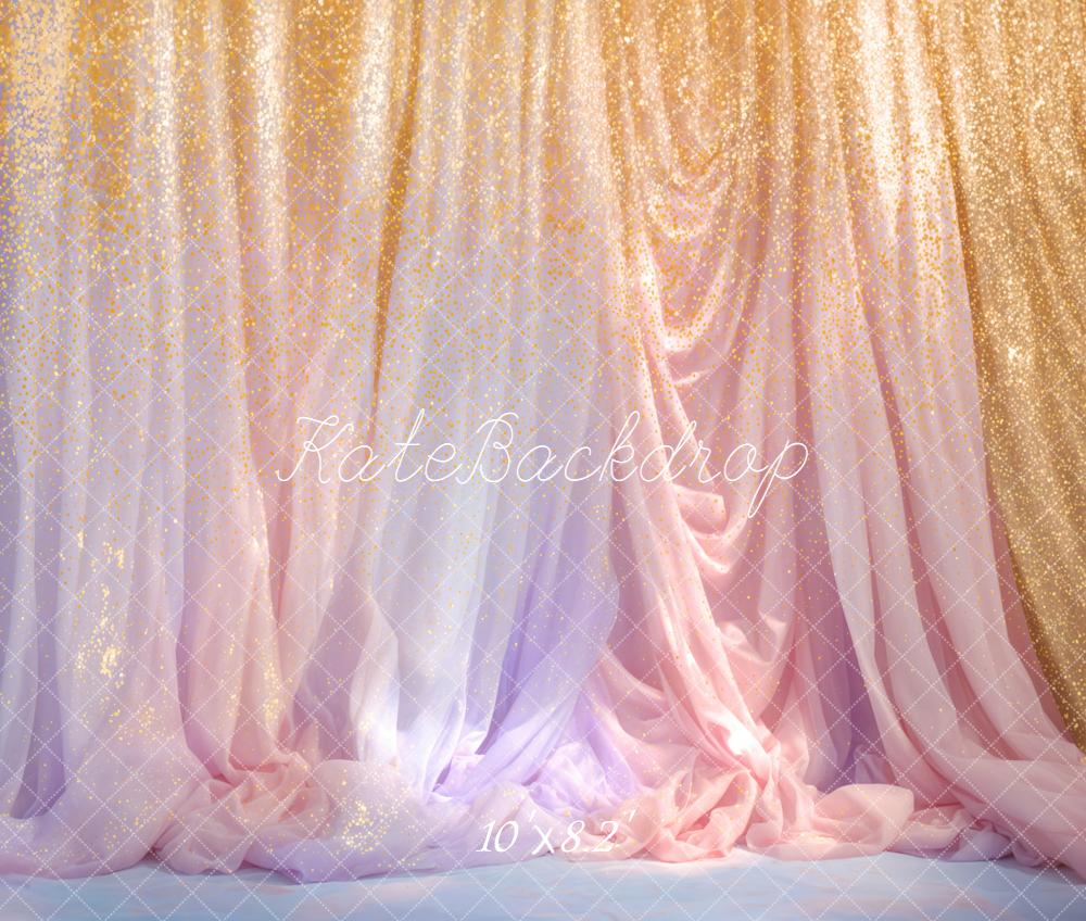 Kate Gold Pink Draped Glitter Curtains Fleece Backdrop Designed by Emetselch