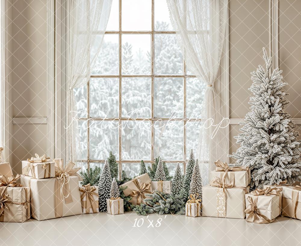 Kate Christmas Gifts Frosted Tree Window Fleece Backdrop Designed by Emetselch - Kate Backdrop AU
