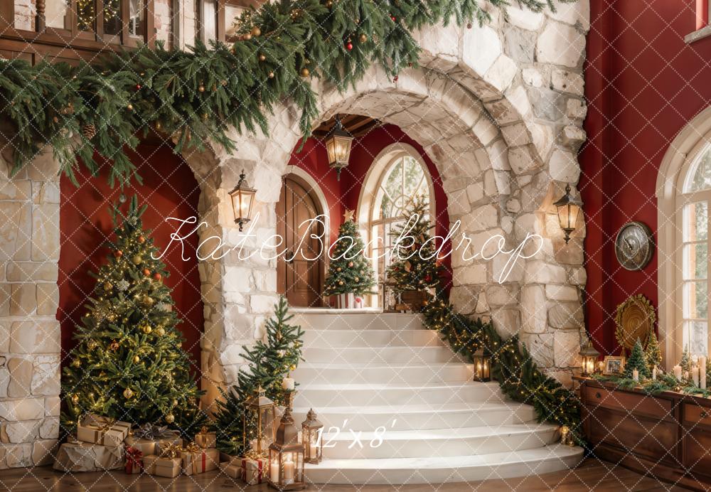 Kate Christmas Cascading Stairs Stone Arch Fleece Backdrop Designed by Emetselch