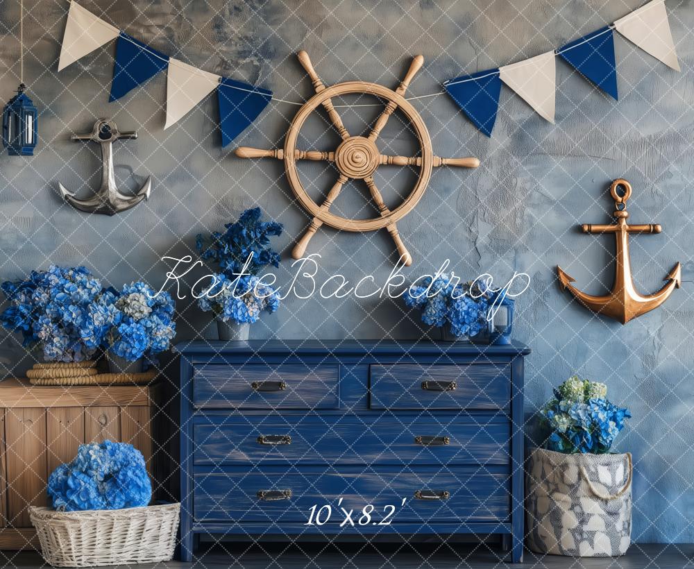Kate Nautical Ship Wheel Anchors Blue Decor Backdrop Designed by Patty Roberts