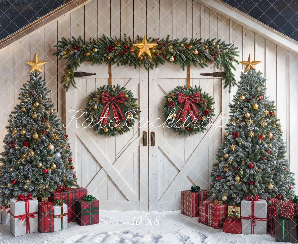 Kate Christmas Barn Door Trees Presents Fleece Backdrop Designed by Chain