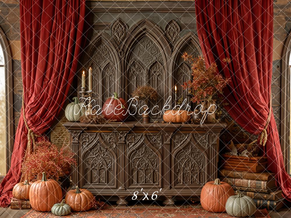 Kate Autumn Gothic Pumpkins Red Curtains Backdrop Designed by Emetselch