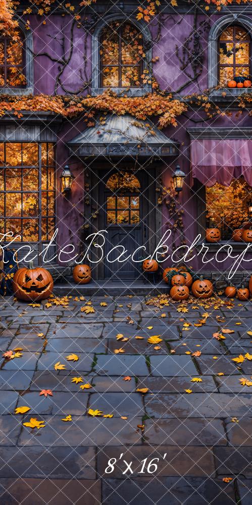 Kate Halloween Pumpkins Autumn Leaves Cobblestone Backdrop Designed by Chain - Kate Backdrop AU