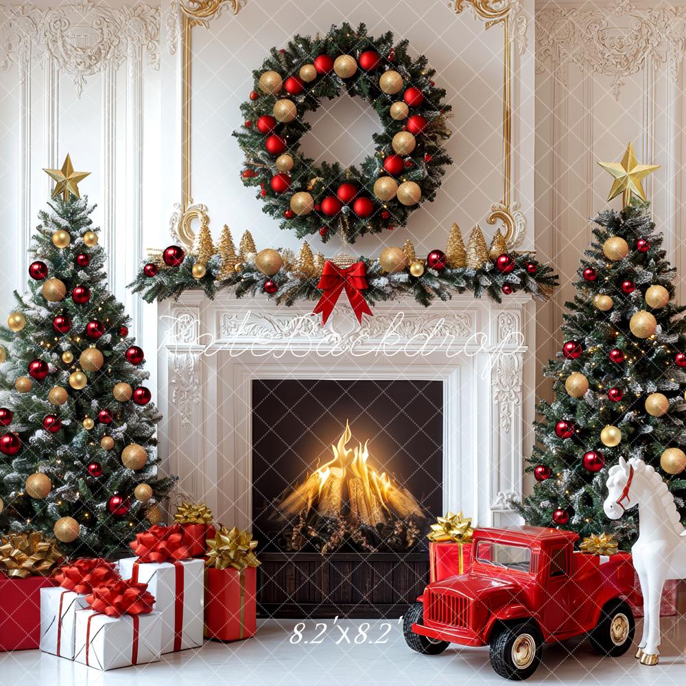Kate Christmas Fireplace Trees Wreath Presents Backdrop Designed by Mini MakeBelieve - Kate Backdrop AU