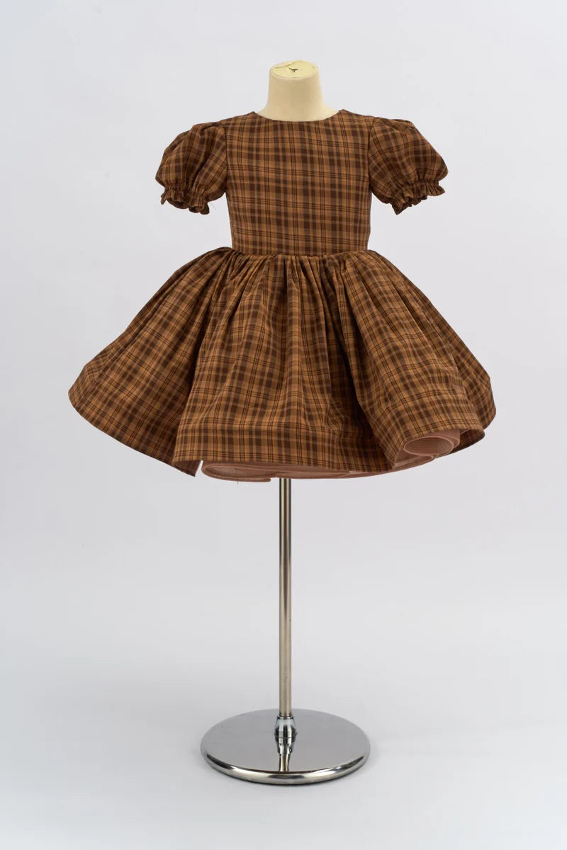 Kate Classic Brown Puff Sleeve Plaid Girls Dress for Photography - Kate Backdrop AU