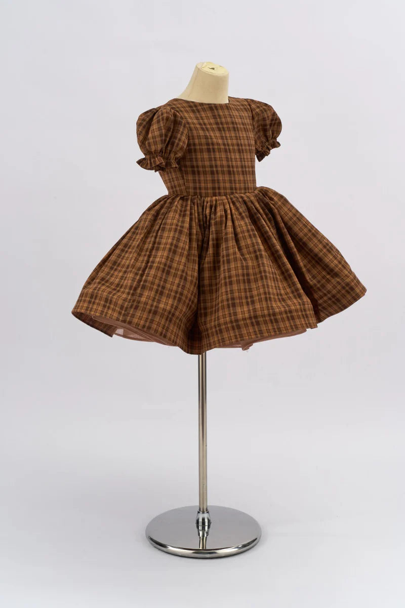 Kate Classic Brown Puff Sleeve Plaid Girls Dress for Photography - Kate Backdrop AU
