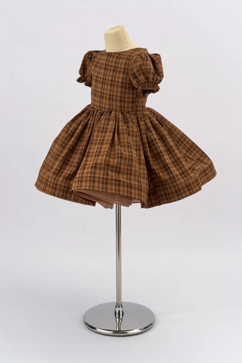 Kate Classic Brown Puff Sleeve Plaid Girls Dress for Photography - Kate Backdrop AU