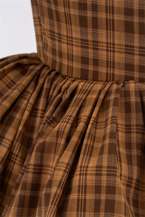 Kate Classic Brown Puff Sleeve Plaid Girls Dress for Photography - Kate Backdrop AU