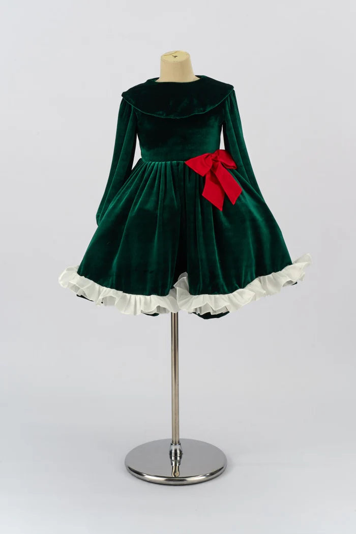 Kate Green Velvet Long Sleeve Bow Kids Dress for Photography
