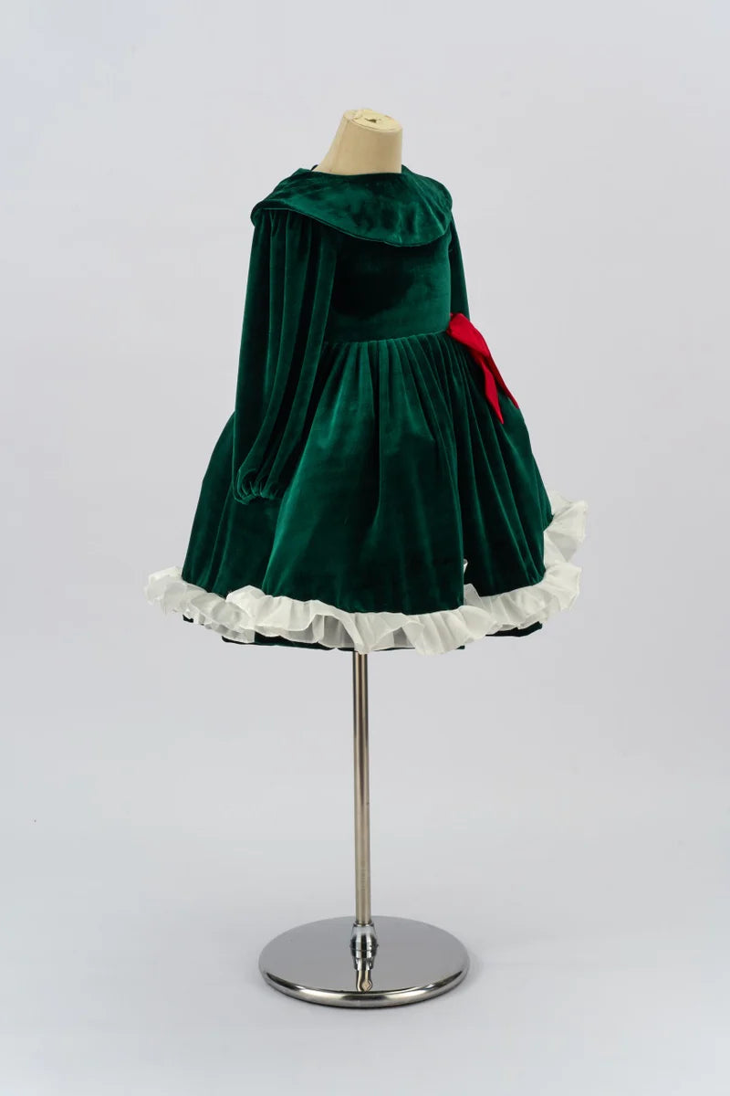 Kate Green Velvet Long Sleeve Bow Kids Dress for Photography