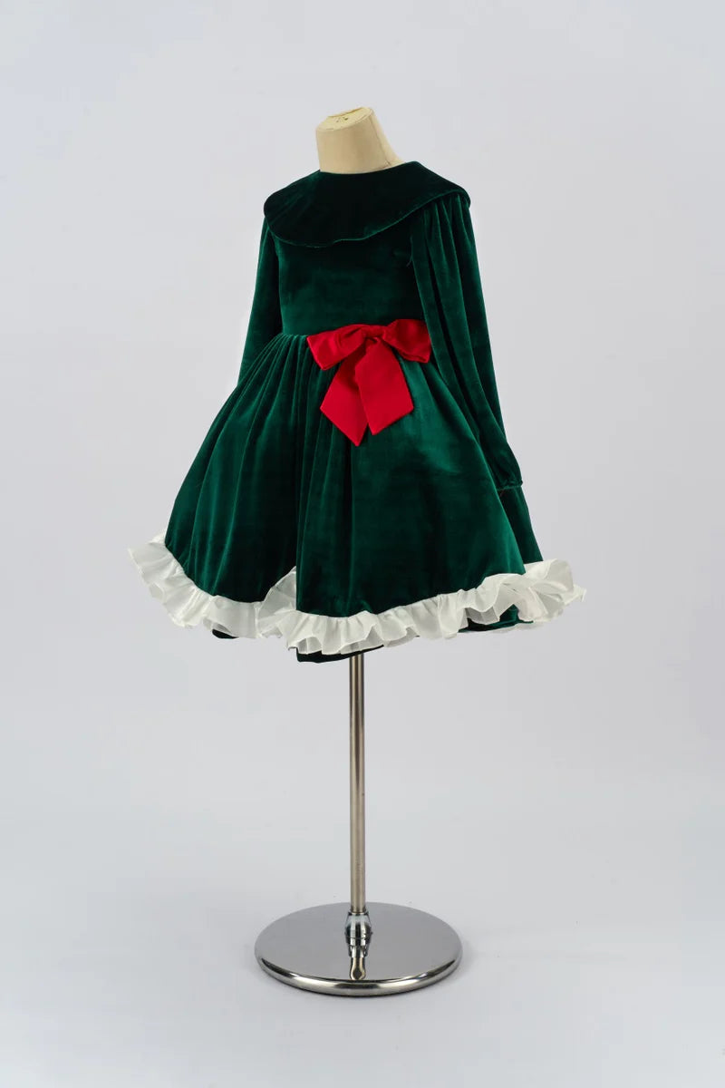 Kate Green Velvet Long Sleeve Bow Kids Dress for Photography