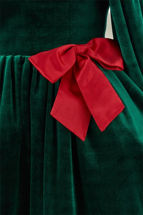 Kate Green Velvet Long Sleeve Bow Kids Dress for Photography