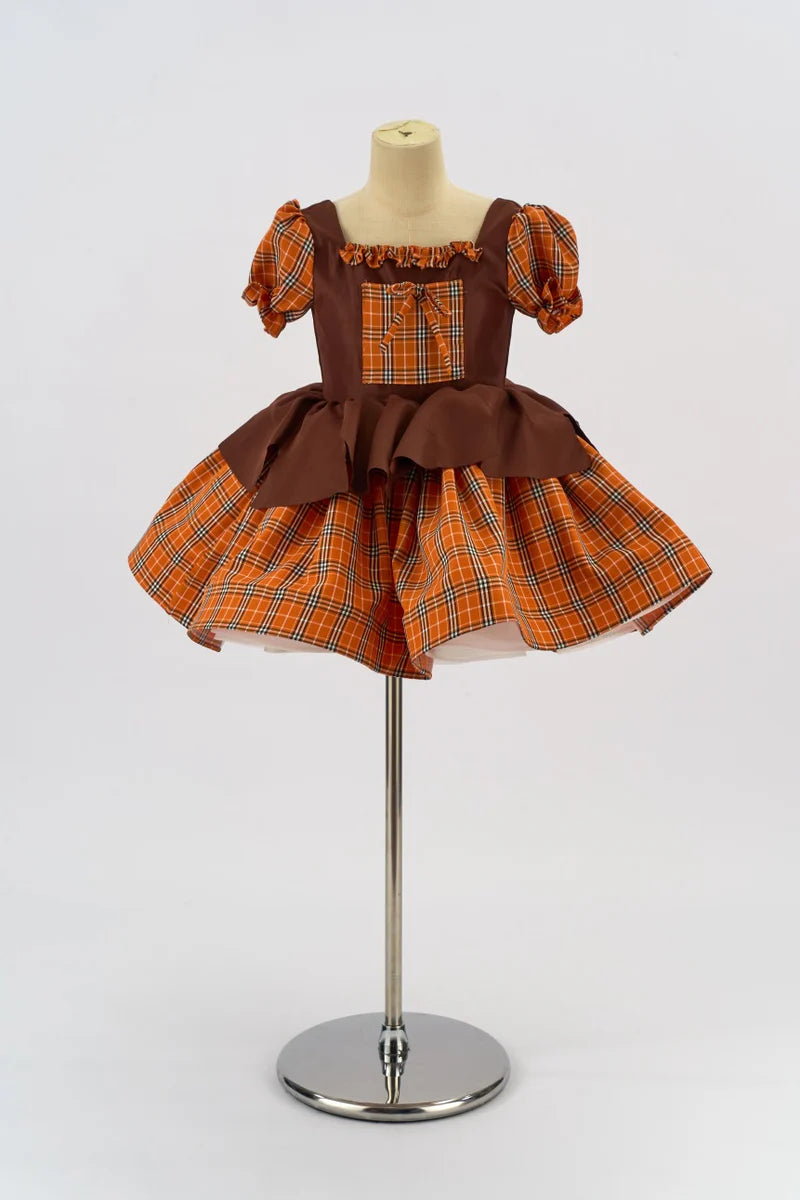 Kate Pumpkin Orange Fall Halloween Plaid Girls Dress for Photography