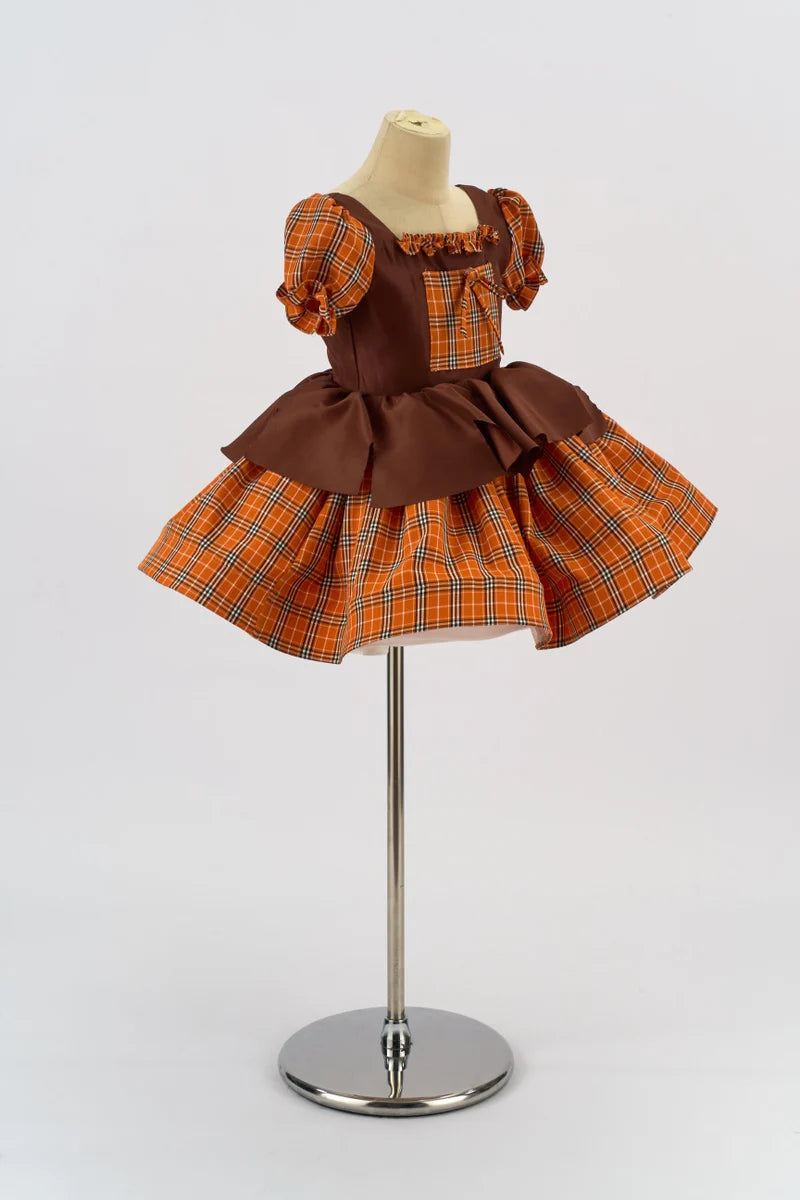 Kate Pumpkin Orange Fall Halloween Plaid Girls Dress for Photography