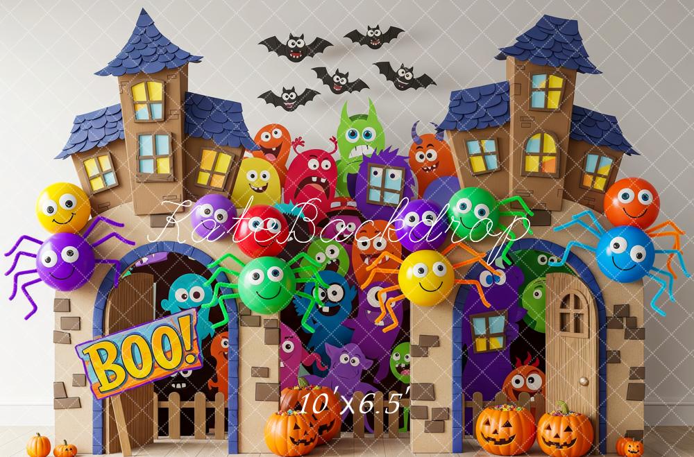 Kate Halloween Haunted House Backdrop Cartoon Monsters Spiders Pumpkins Designed by Patty Roberts