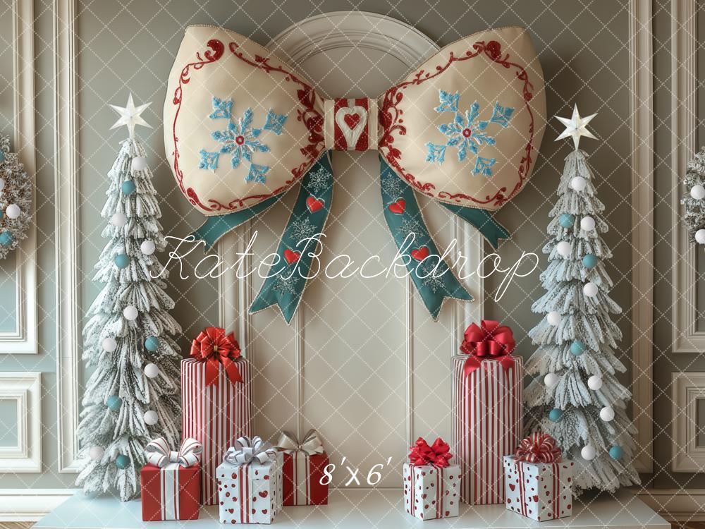 Kate Christmas Bow Snowy Trees Backdrop Designed by Mini MakeBelieve - Kate Backdrop AU