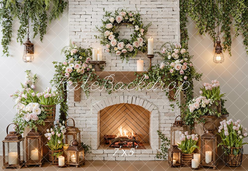 Kate Spring Brick Fireplace Flower Garland Candles Backdrop Designed by Emetselch