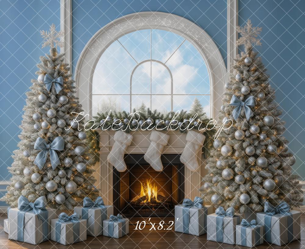 Kate Christmas Tree Fireplace Blue Backdrop Designed by Mini MakeBelieve