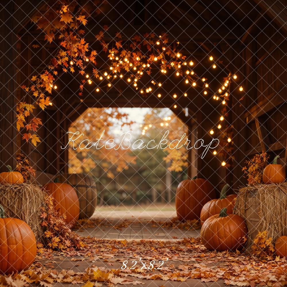 Kate Autumn Pumpkins Hay Barn Lights Backdrop Designed by Emetselch