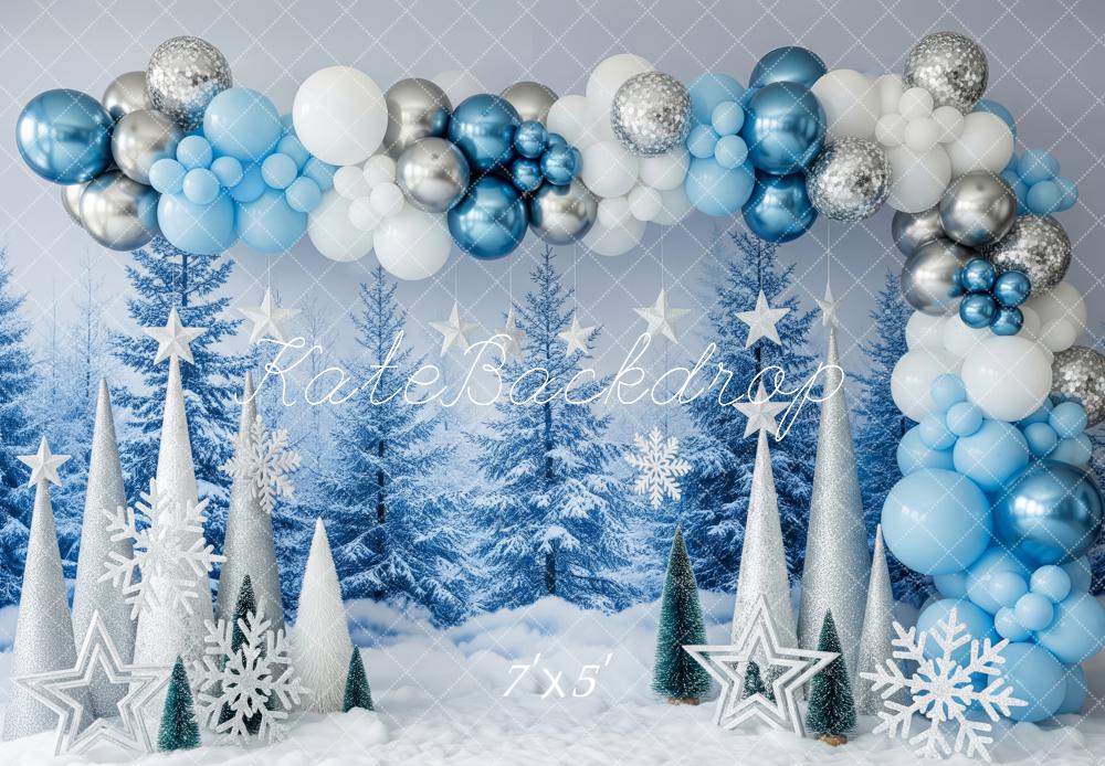 Kate Winter Blue Balloon Snowy Trees Backdrop Designed by Patty Roberts