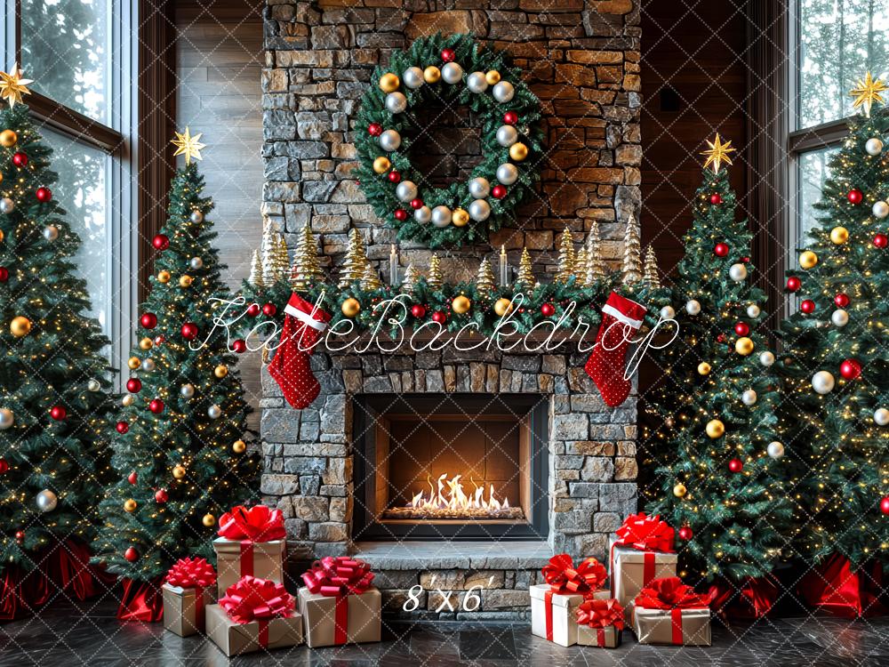 Kate Fireplace Christmas Trees Presents Backdrop Designed by Mini MakeBelieve - Kate Backdrop AU