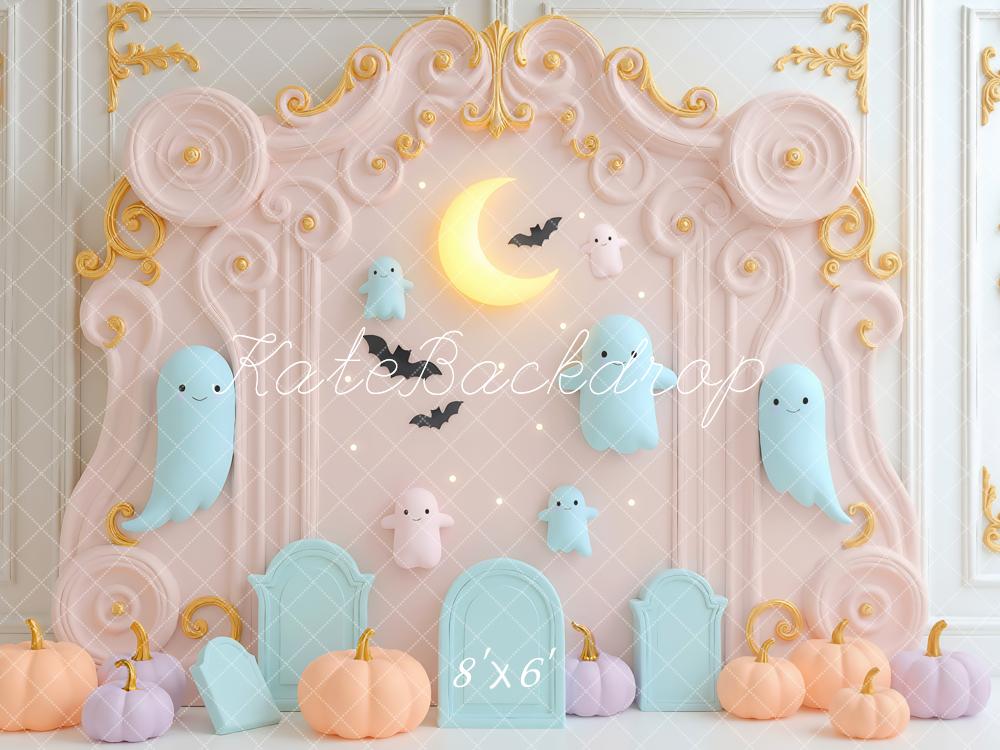 Kate Halloween Ghost Moon Pastel Pumpkins Backdrop Designed by Mini MakeBelieve