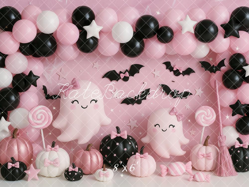 Kate Halloween Ghost Balloons Pumpkins Backdrop Designed by Ashley Paul - Kate Backdrop AU