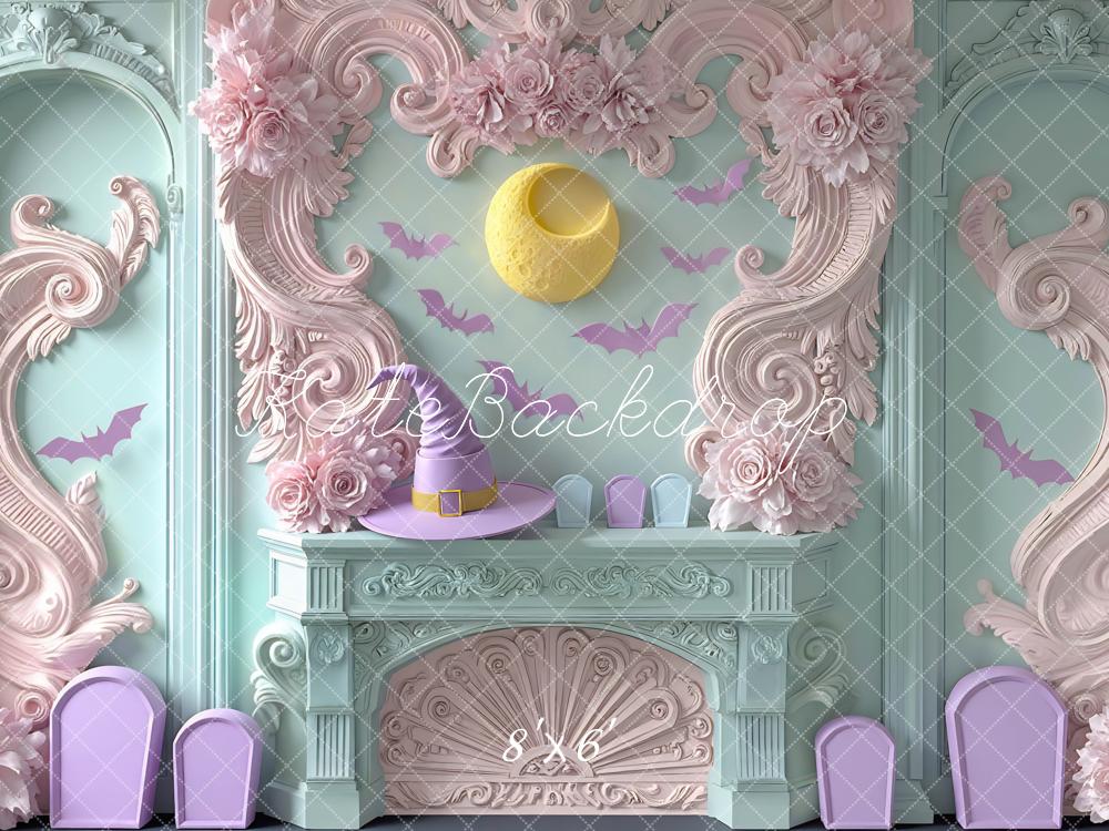 Kate Halloween Pastel Witch Hat Fireplace Bats Backdrop Designed by Mini MakeBelieve