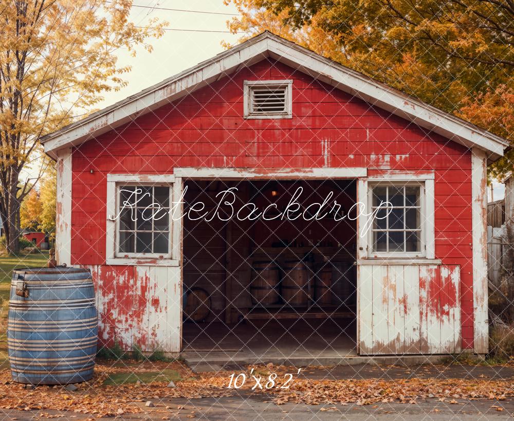 Kate Autumn Red Shed Weathered Barrel Backdrop Designed by Emetselch - Kate Backdrop AU