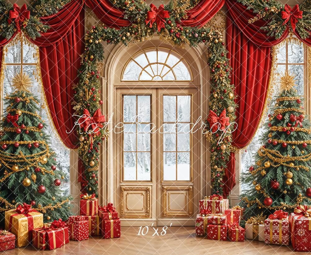 Kate Christmas Tree Red Curtains Window Fleece Backdrop Designed by Emetselch