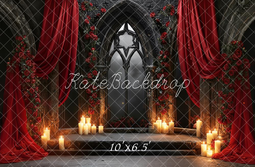 Kate Gothic Window Red Drapes Roses Candles Fleece Backdrop Designed by Emetselch