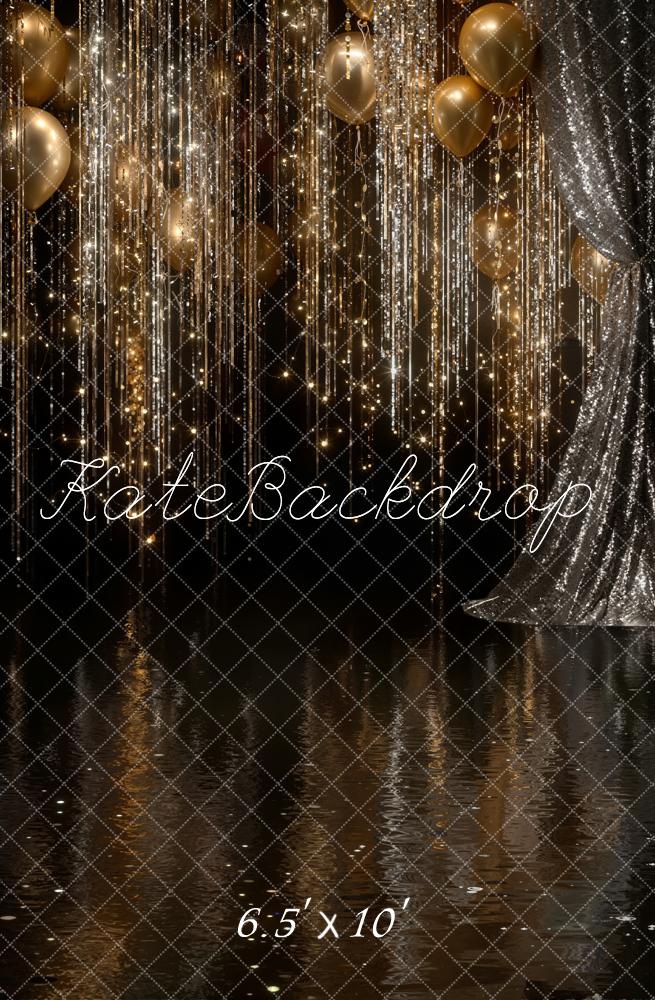 Kate Gold Balloons Glitter Streamers Silver Curtains Backdrop Designed by Emetselch