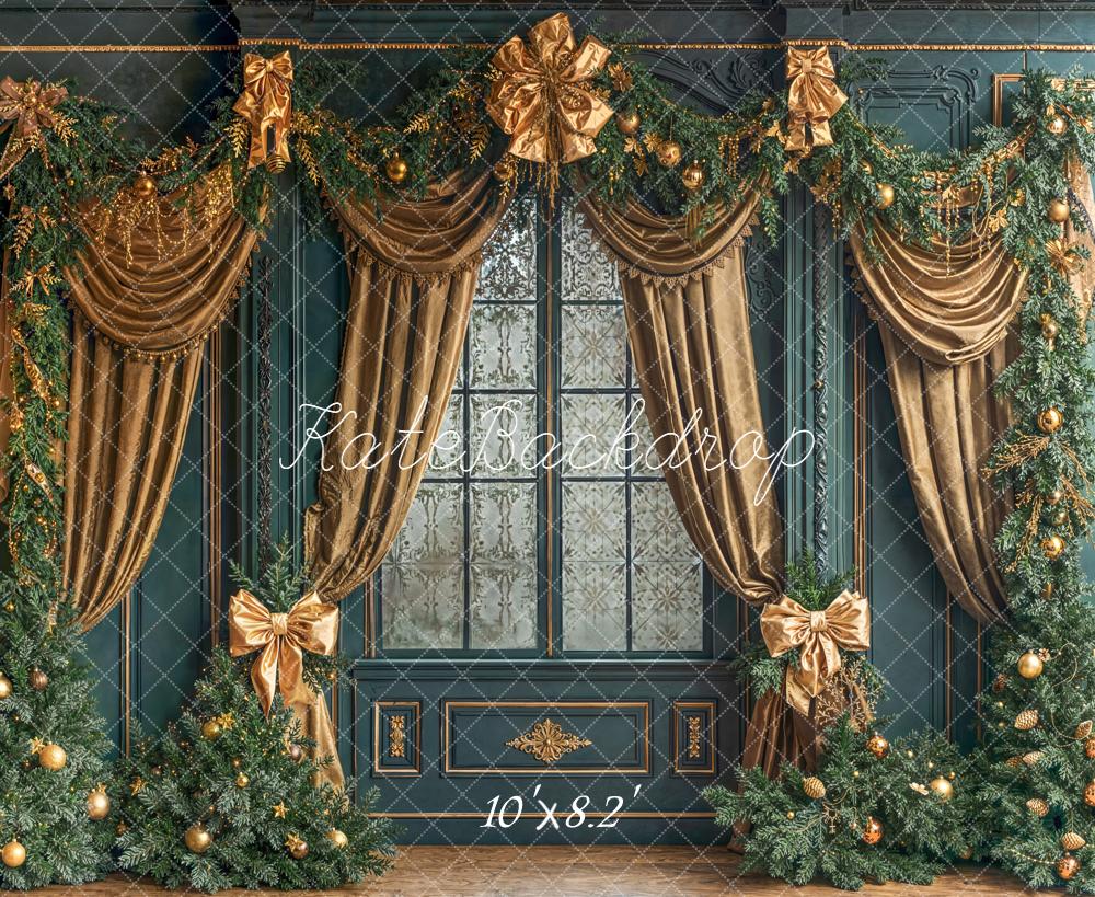 Kate Christmas Gold Curtains Window Garland Backdrop Designed by Emetselch