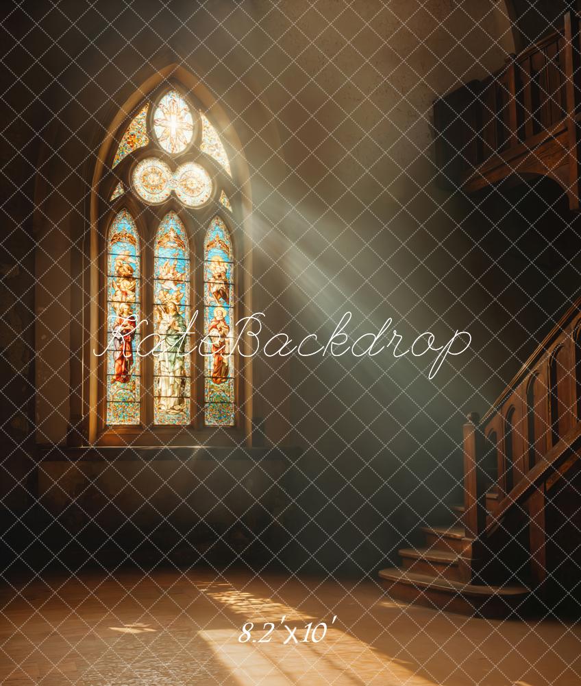 Kate Stained Glass Window Staircase Sunlight Fleece Backdrop Designed by Emetselch - Kate Backdrop AU