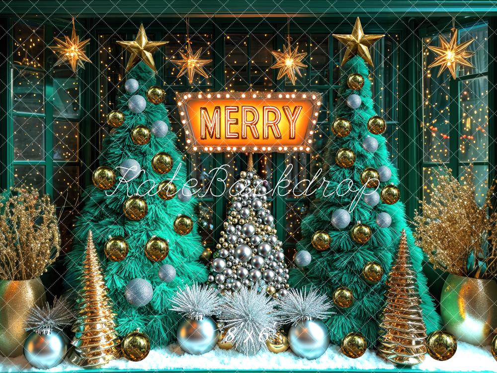 Kate Christmas Trees Merry Sign Gold Ornaments Backdrop Designed by Mini MakeBelieve - Kate Backdrop AU