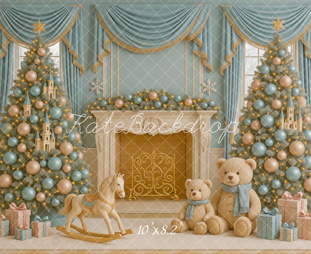 Kate Christmas Trees Fireplace Presents Backdrop Designed by Ashley Paul
