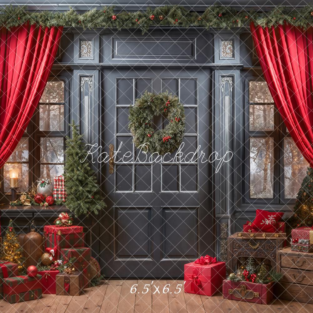 Kate Christmas Door Red Curtains Backdrop Designed by Emetselch