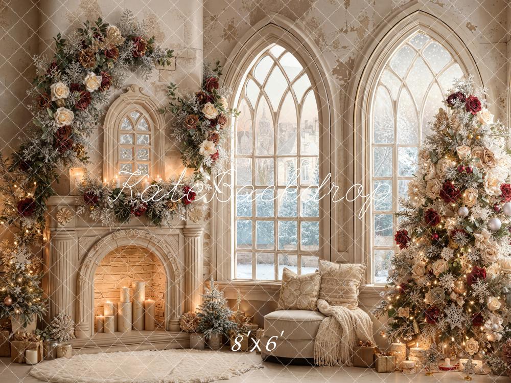 Kate Christmas Fireplace Floral Arch Tree Fleece Backdrop Designed by Emetselch