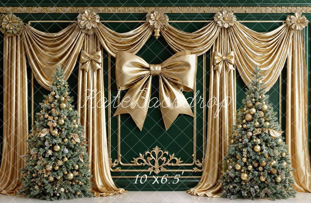 Kate Christmas Gold Bow Trees Curtains Backdrop Designed by Emetselch