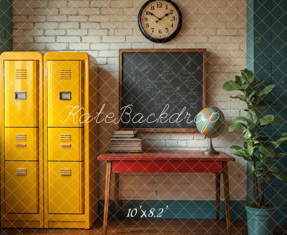Kate Back to School Yellow Lockers Chalkboard Globe Backdrop Designed by Emetselch - Kate Backdrop AU