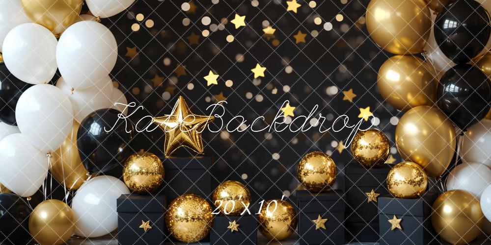 Kate Black Gold White Balloons Star Backdrop Designed by Emetselch